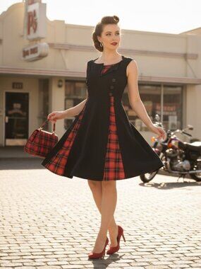 Killreal Retro Rockabilly Swing Dress Black Red Plaid Accents